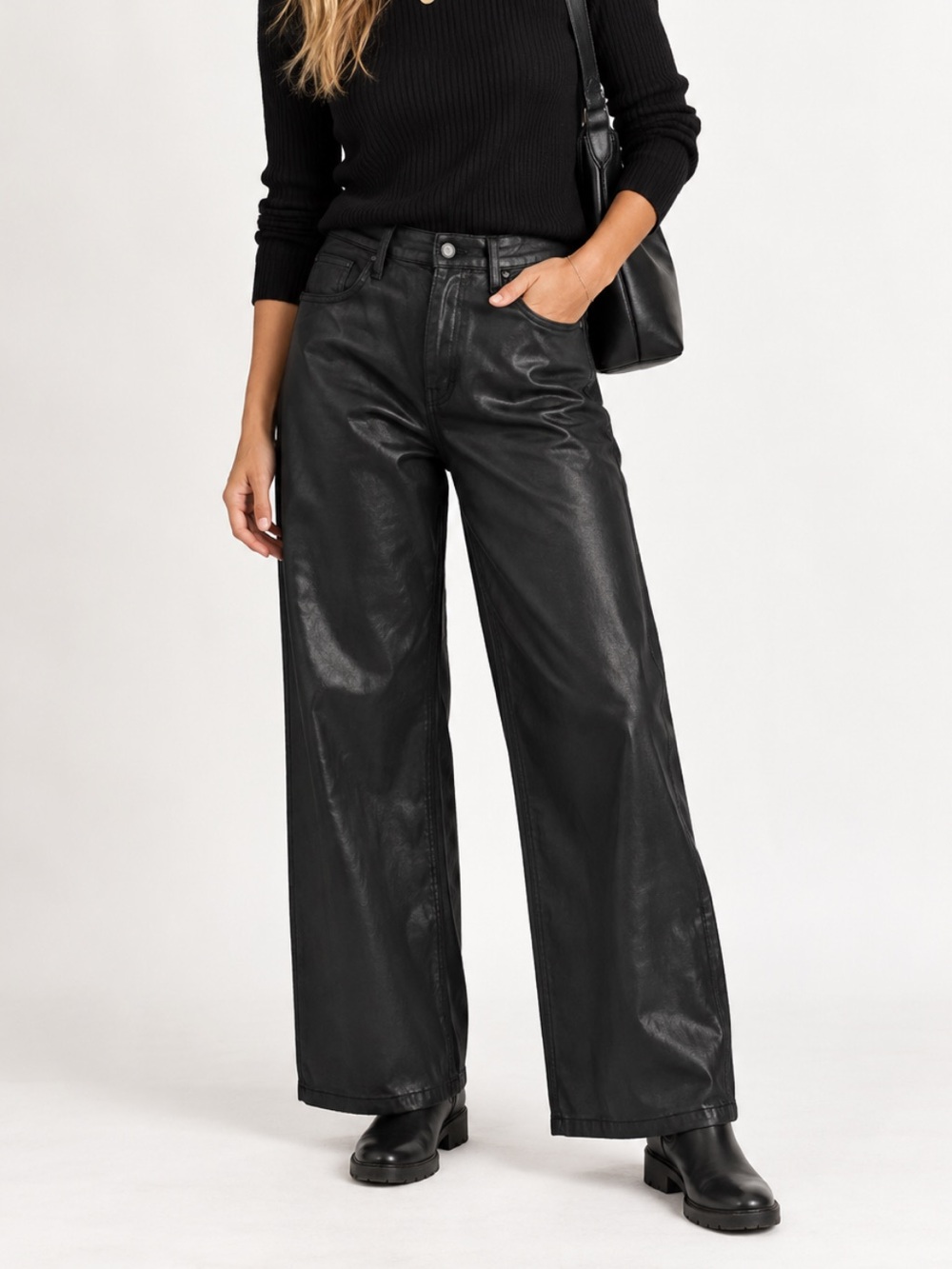 Hudson Jodie Coated Black Wide-Leg Jeans